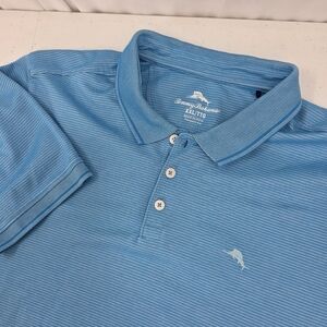Tommy Bahama Short Sleeved Blue Striped Marlin Logo Festival Polo Mens Size 2XL.